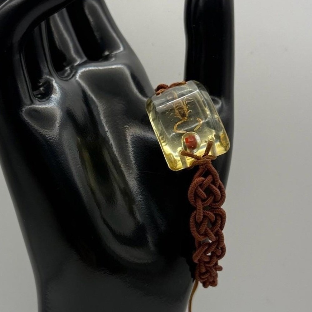 Vintage Real Scorpion Taxidermy Amber Resin Bracelet Brown Macrame Cord Boho Y2K